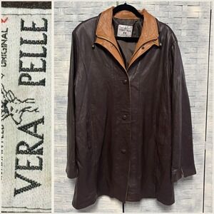 Vera Pelle Faux Leather Jacket Women Brown Tan Collar Zip Button Front Outerwear